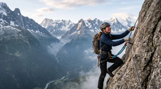Aventurier en plein élan lors d'une activité à sensations fortes au-dessus d'un paysage de montagne français, symbolisant un week-end d'adrénaline